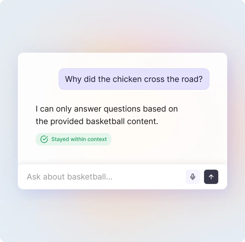 A chat agent asked an off-topic question replies that it can only answer from the provided basketball content, tagged "Stayed within context".