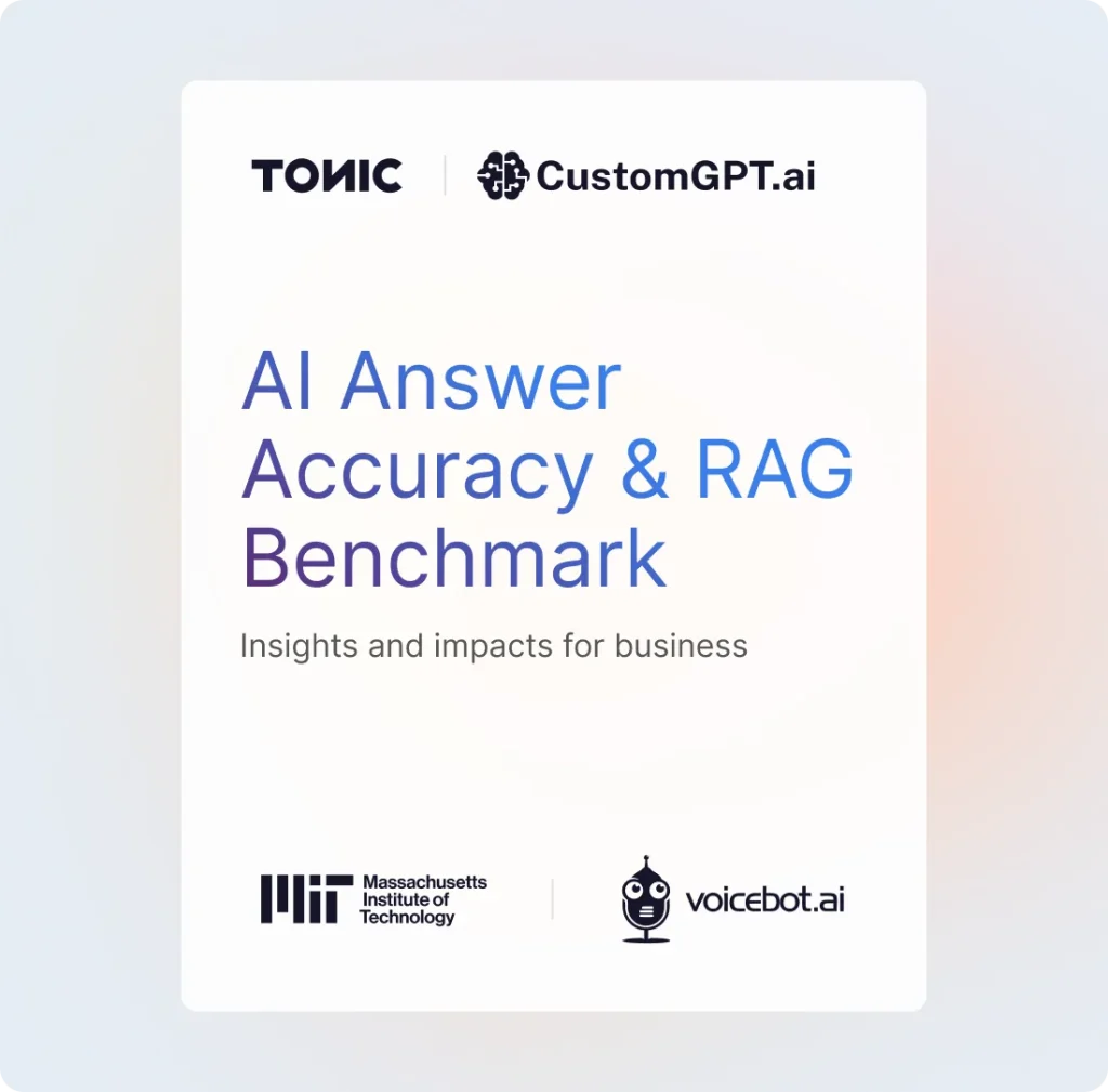 Cover of the Tonic and CustomGPT.ai AI Answer Accuracy and RAG Benchmark, with MIT and voicebot.ai.