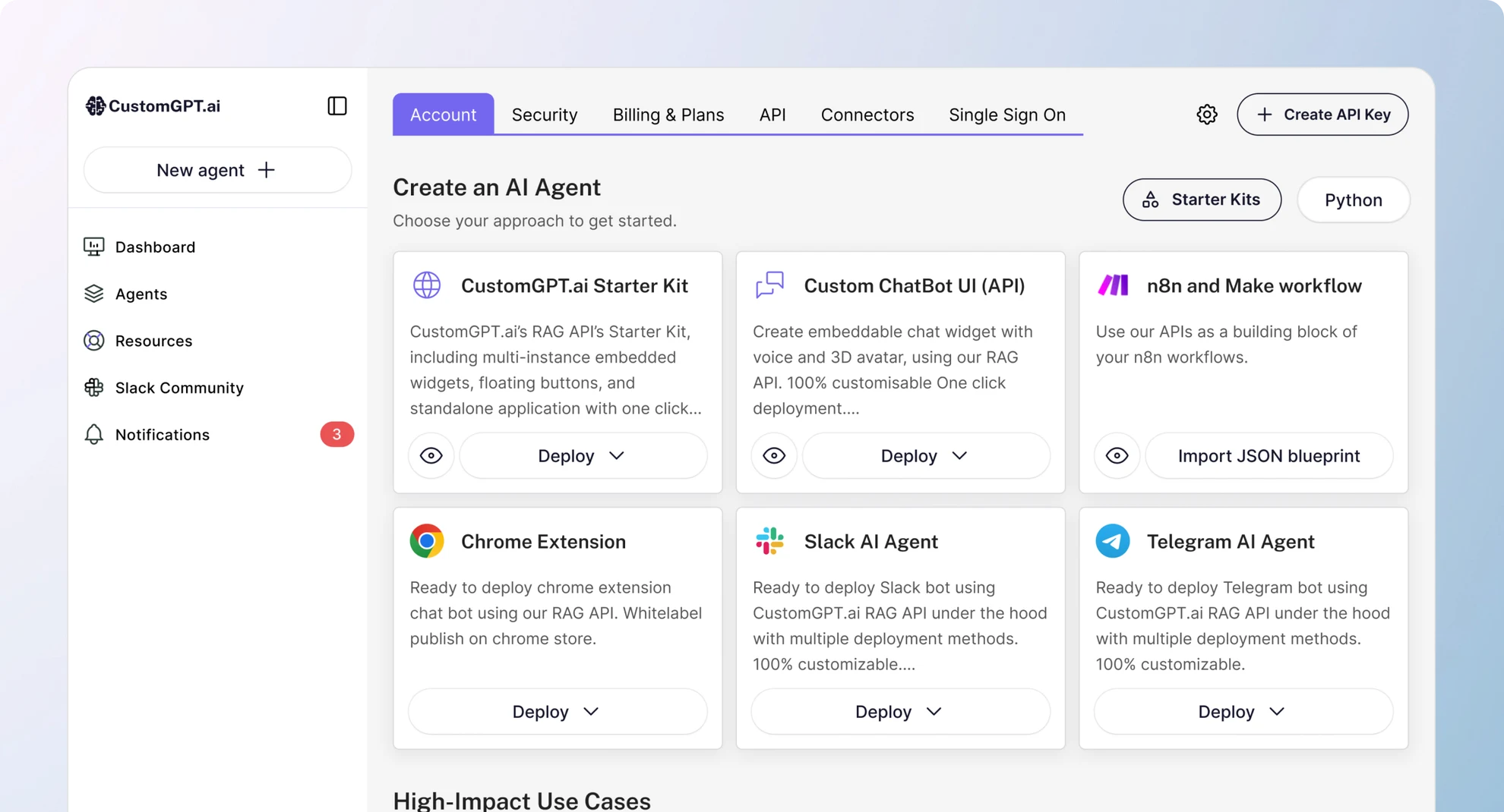 The agent builder offering starter kits — a Chrome extension, a Slack agent and a Telegram agent — each ready to deploy.