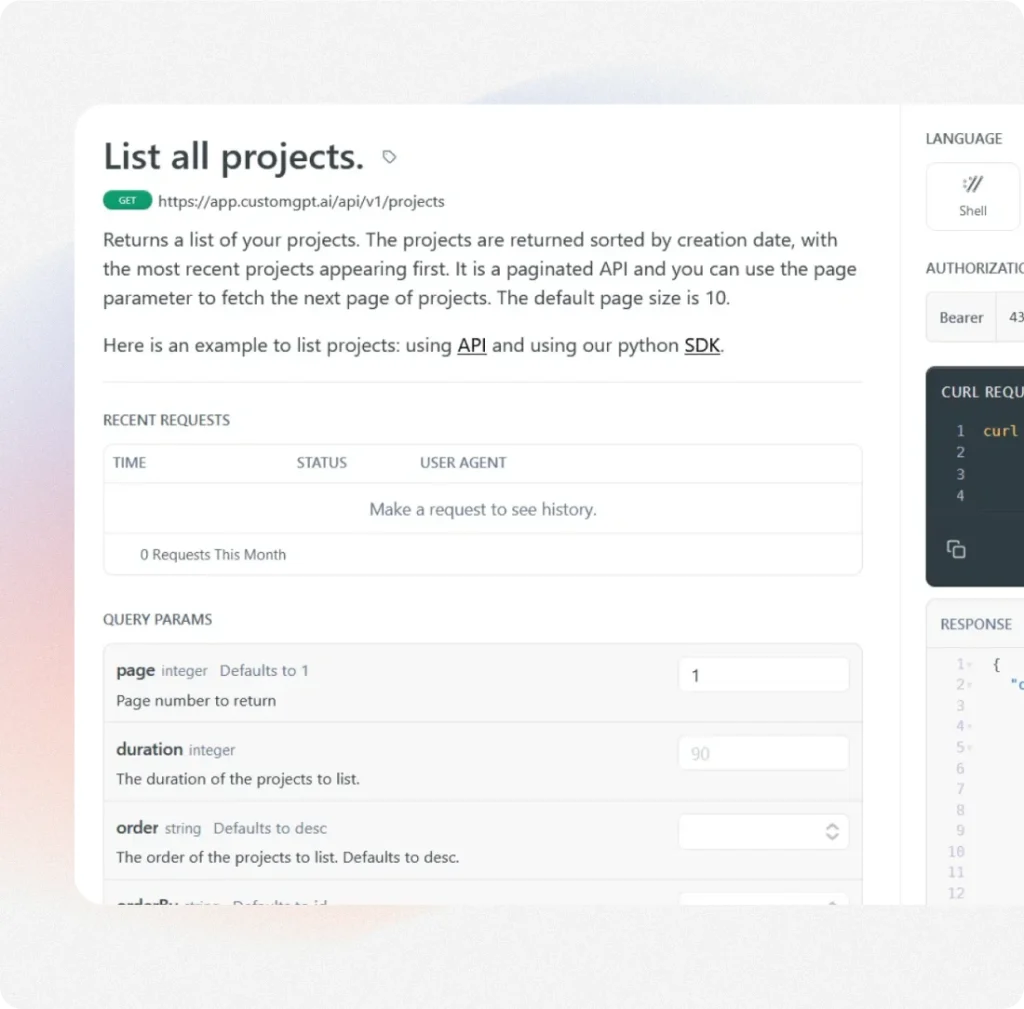 The CustomGPT.ai API reference for listing projects, showing the endpoint, its query parameters and a live response.