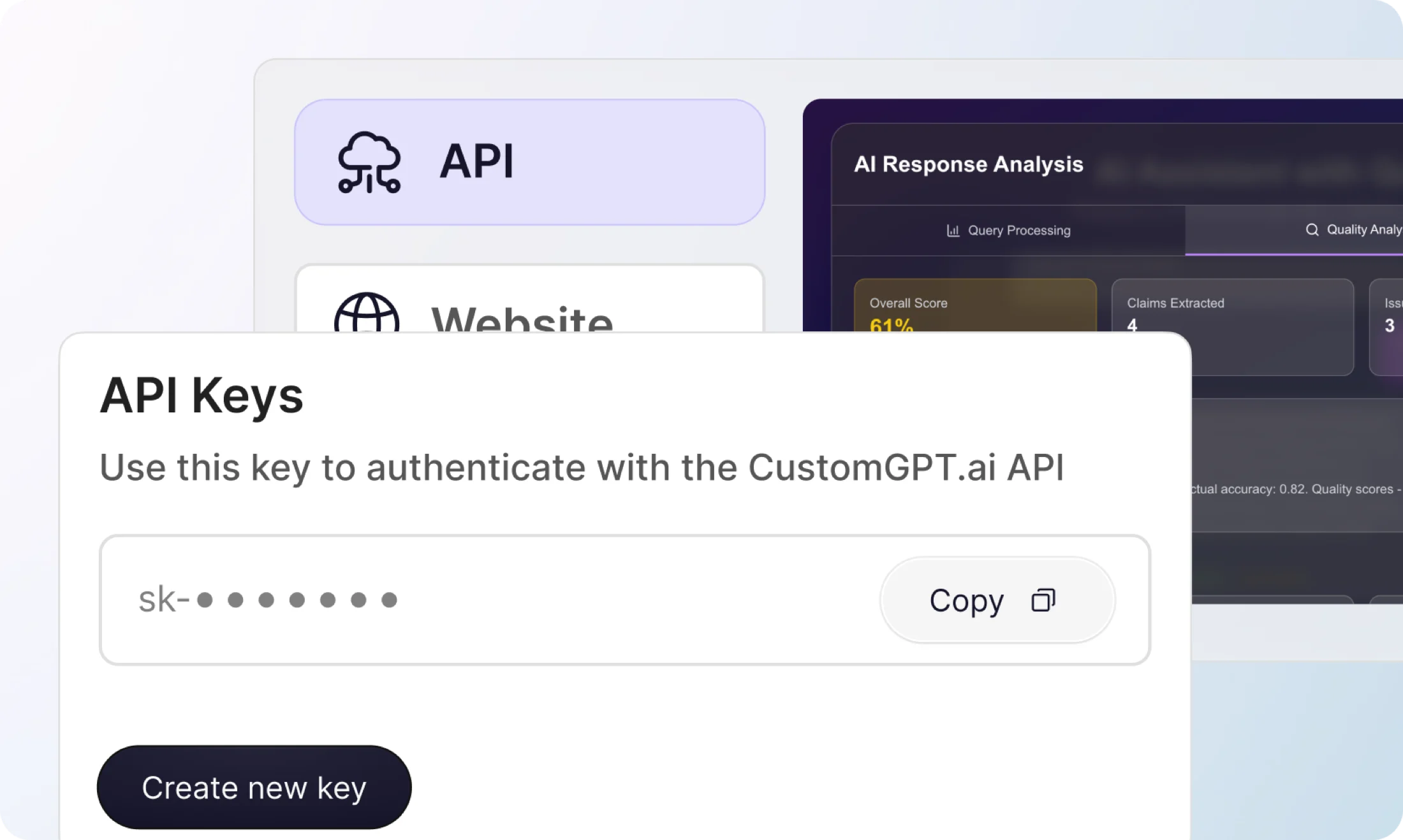 The CustomGPT.ai API keys screen, with a key ready to copy