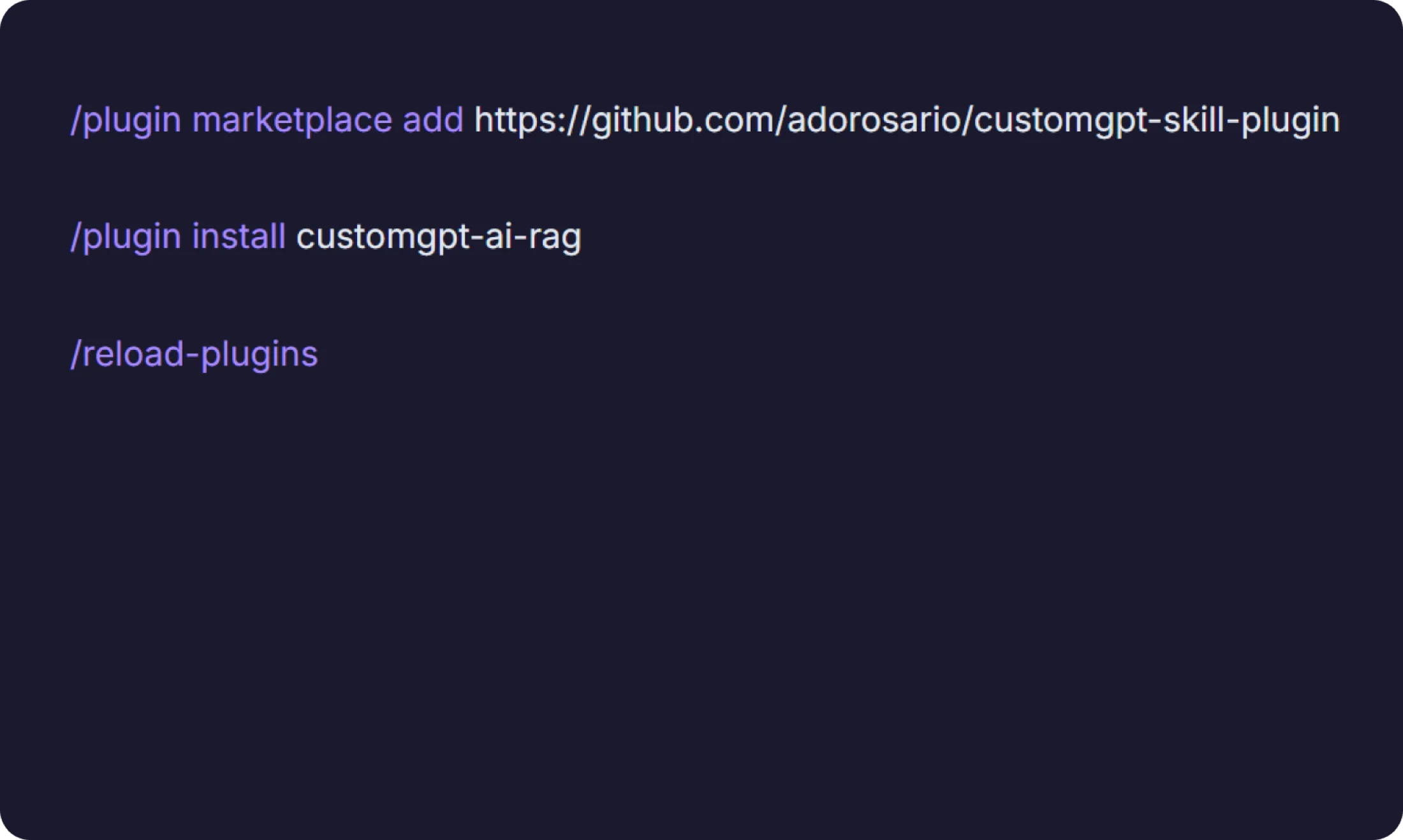 Three Claude Code commands that add the marketplace, install the plugin and reload plugins