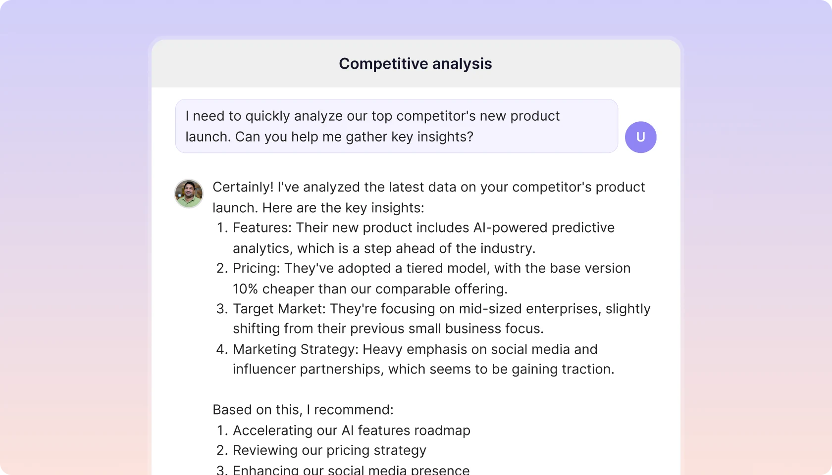 A CustomGPT.ai agent summarising a competitor’s product launch — features, pricing and market position