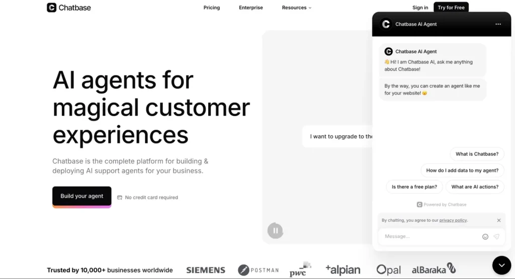 The Chatbase homepage: "AI agents for magical customer experiences", beside its chat widget.