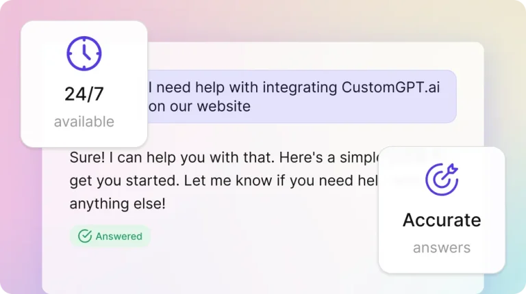 A support agent answering an integration question, with 24/7 availability and accurate answers called out beside it.