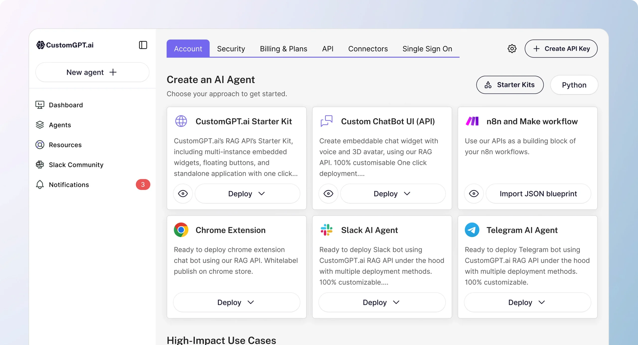 The CustomGPT.ai dashboard: create an AI agent from starter kits, a custom chatbot UI, n8n and Make workflows, or ready-to-deploy Chrome, Slack and Telegram agents