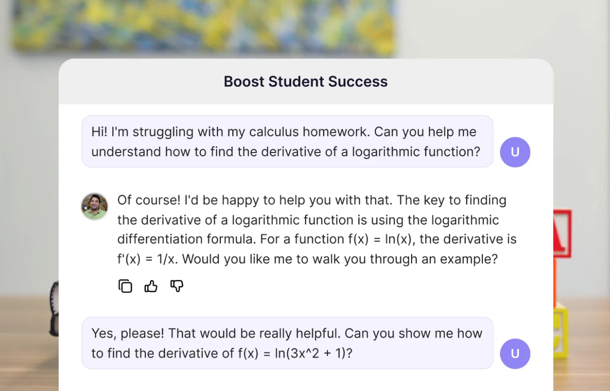 A study assistant explaining how to differentiate a logarithmic function to a student asking for help with calculus homework.