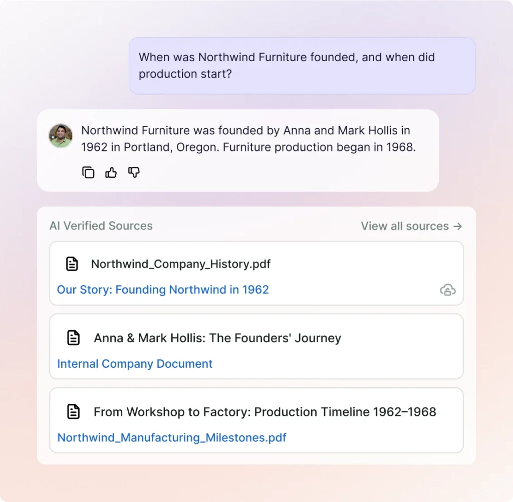A question about when Northwind Furniture was founded, answered from the company history with three internal documents listed as verified sources