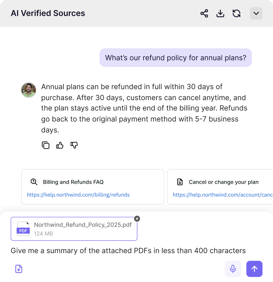 An agent answering a question about the annual plan refund policy, citing the billing FAQ and the attached refund policy PDF