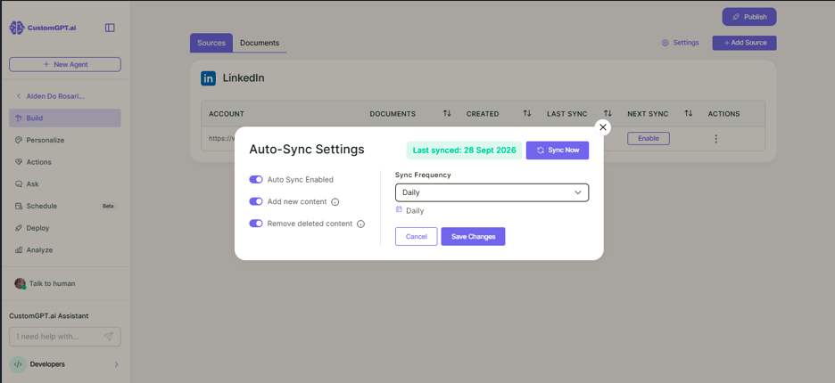 Auto-Sync Settings in CustomGPT.ai with Auto Sync enabled, Add new content and Remove deleted content switched on, and a Daily sync frequency