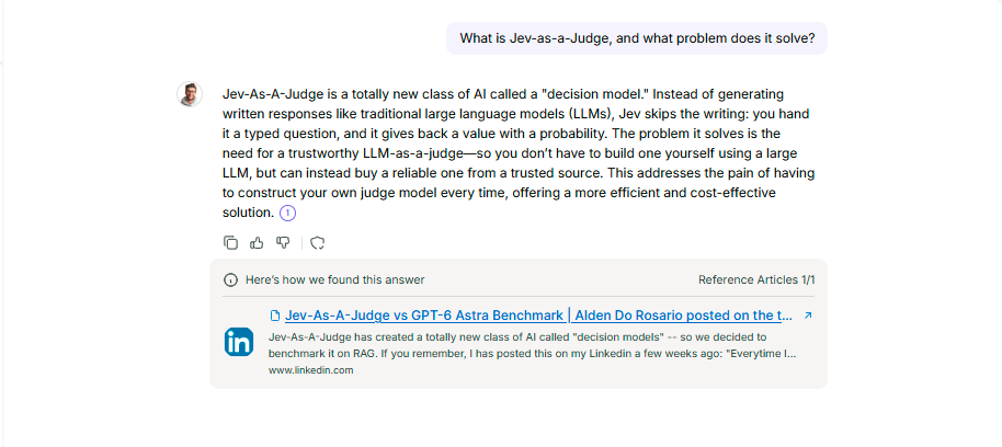 Alden's AI clone answering "What is Jev-as-a-Judge, and what problem does it solve?" with a cited answer linking to his LinkedIn post