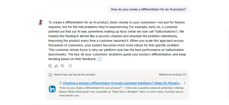 Alden's AI clone answering "How do you create a differentiator for an AI product?" with a cited answer linking to his LinkedIn post