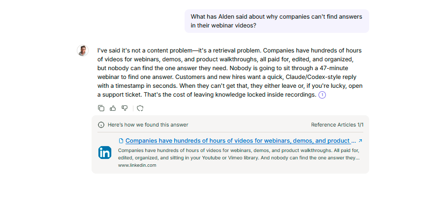 AI assistant answering "What has Alden said about why companies can't find answers in their webinar videos?" with a cited answer linking back to the original LinkedIn post