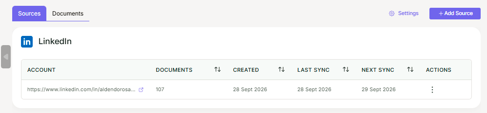 LinkedIn source in CustomGPT.ai showing Alden Do Rosario's profile with 107 documents, last synced 28 Sept 2026 and next sync 29 Sept 2026