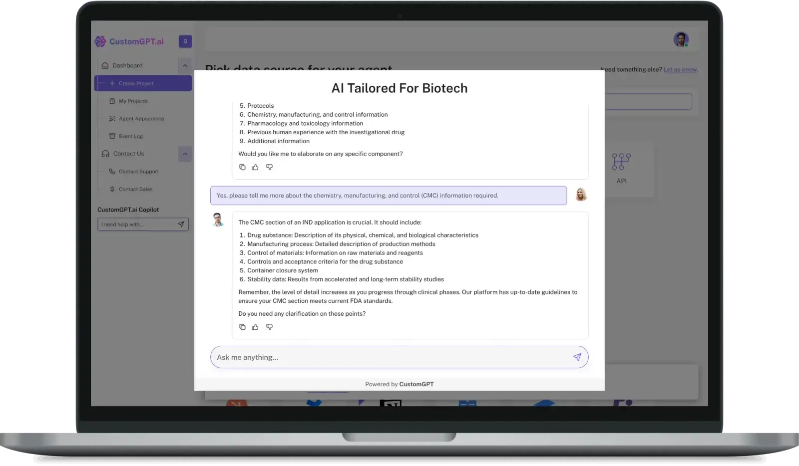 The CustomGPT.ai dashboard on a laptop, with an "AI Tailored For Biotech" agent outlining the chemistry, manufacturing and controls section of an IND application.