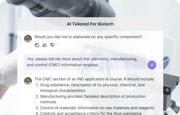 An agent explaining what the chemistry, manufacturing and control section of a drug application must contain.
