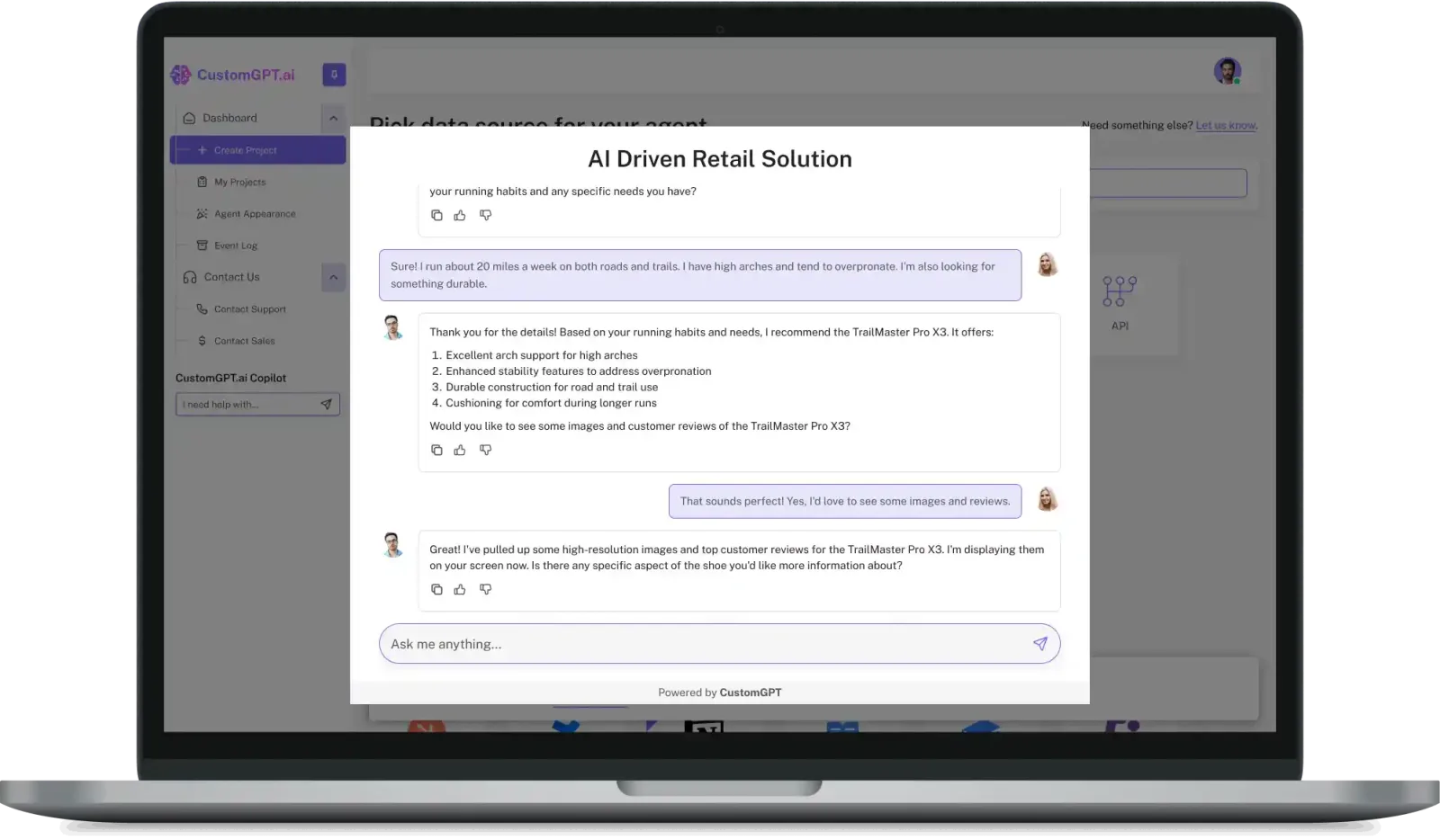 The CustomGPT.ai dashboard on a laptop, with an "AI Driven Retail Solution" agent recommending a running shoe from the shopper’s needs.