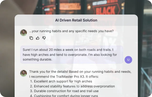 A shopper asking about running shoes and the agent recommending a model, with the reasons listed.