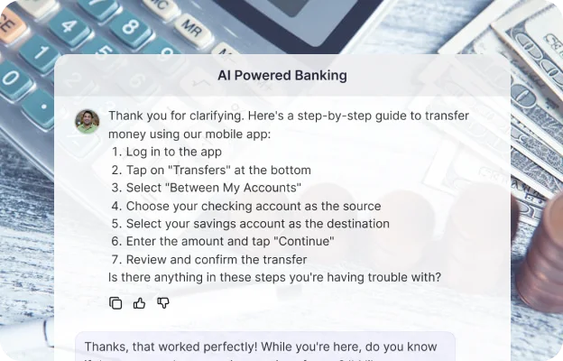 An agent giving a customer step-by-step instructions for transferring money in a banking app.