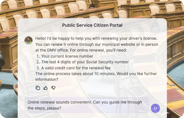 An agent answering a citizen's driver's-licence renewal question at a public service portal.