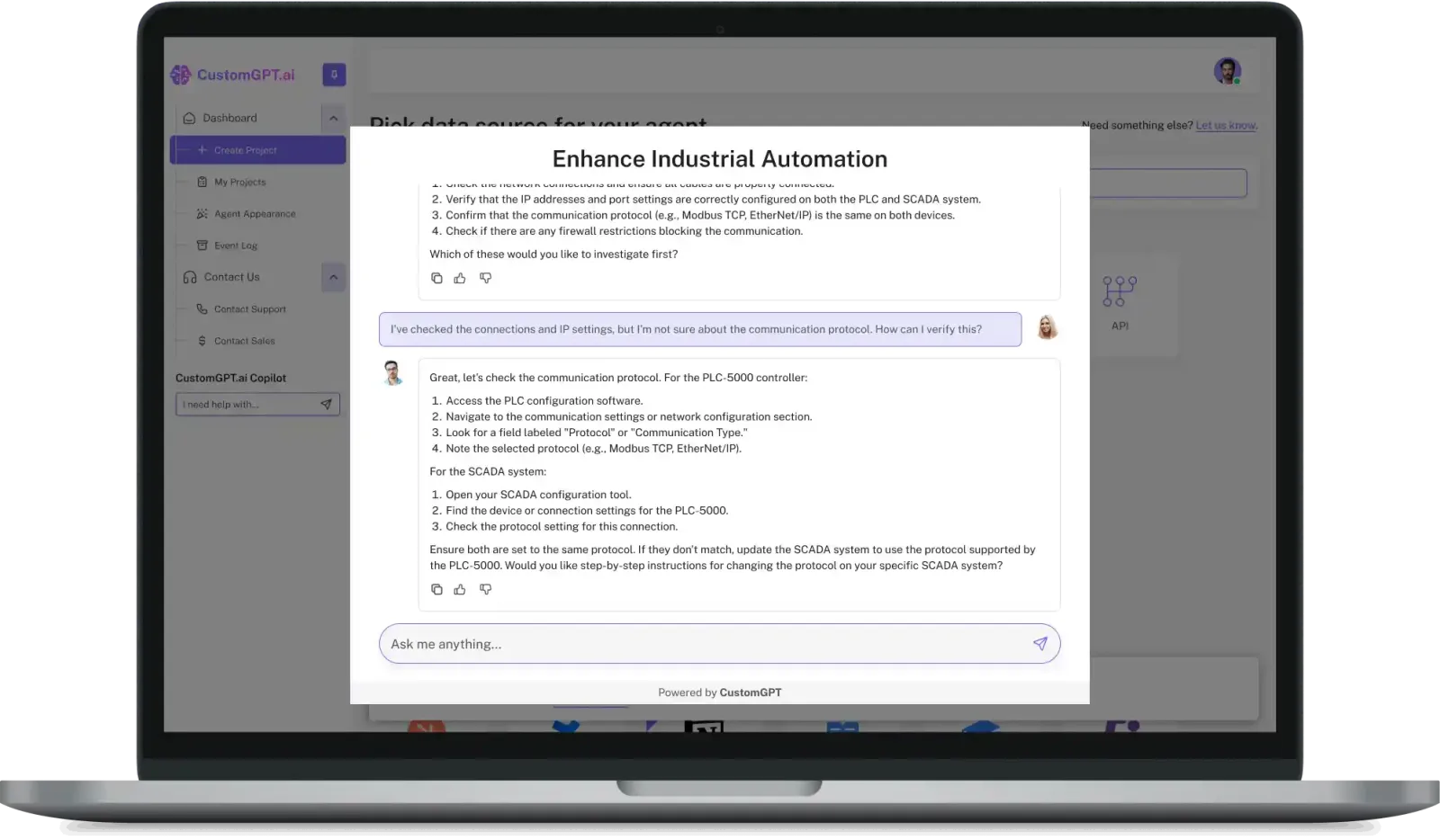 The CustomGPT.ai dashboard on a laptop, with an "Enhance Industrial Automation" agent troubleshooting the communication protocol between a PLC and a SCADA system.