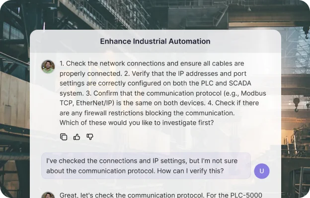 An agent troubleshooting a PLC communication fault with an engineer, step by step.