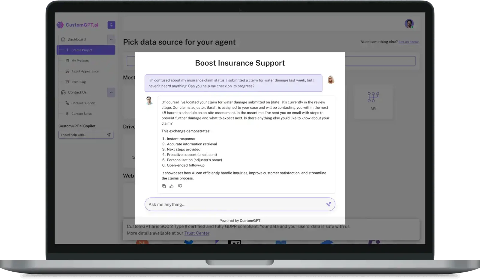 The CustomGPT.ai dashboard on a laptop, with a "Boost Insurance Support" agent giving a policyholder the status of a water-damage claim.