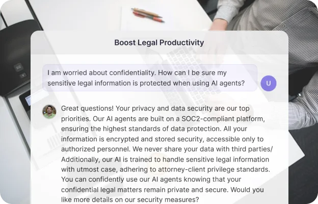 An agent reassuring a client about confidentiality, explaining its SOC 2 compliance and data handling.
