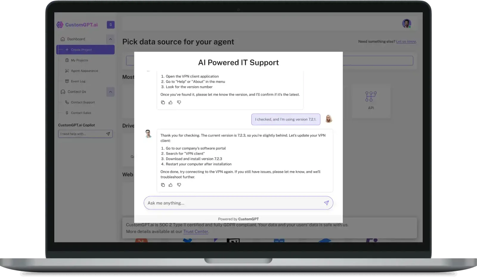 The CustomGPT.ai dashboard on a laptop, with an "AI Powered IT Support" agent walking a user through updating their VPN client.