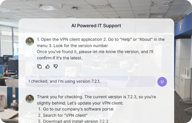 An agent walking a colleague through checking and updating their VPN client version.