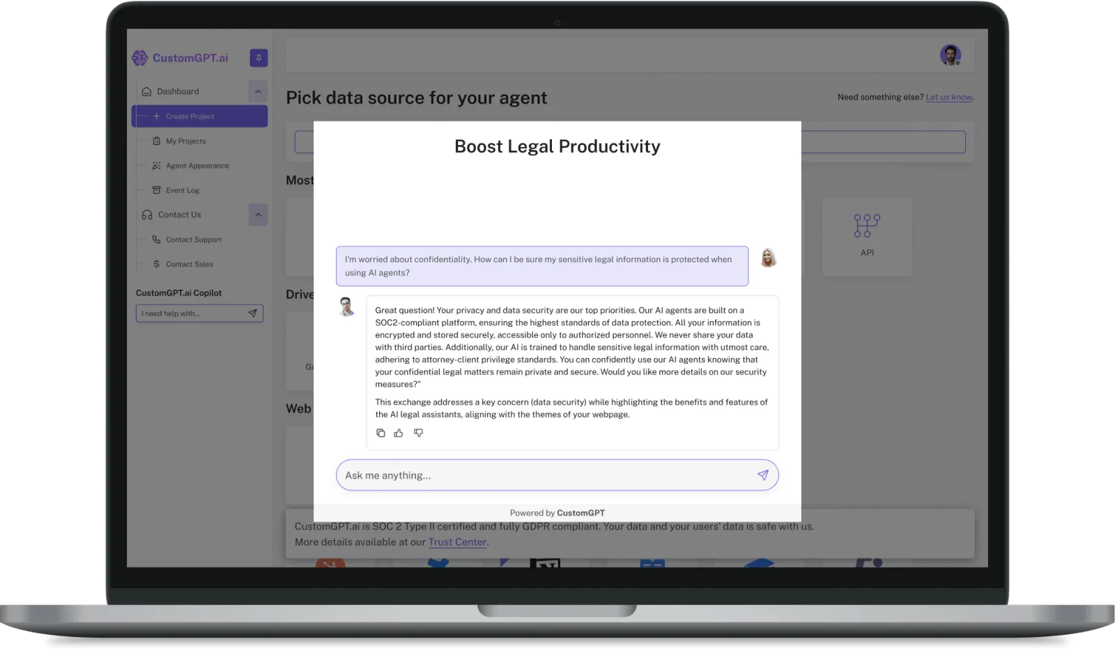 The CustomGPT.ai dashboard on a laptop, with a "Boost Legal Productivity" agent explaining how sensitive legal information stays confidential.