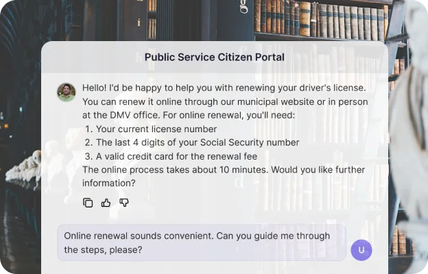 An agent answering a question at a public service portal, listing what the person needs to renew online.