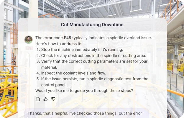 An agent diagnosing a spindle overload error on the shop floor and listing the checks to run.