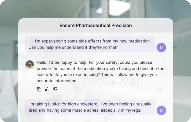 A patient asking about side effects and the agent asking which medication before answering.