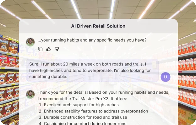 A shopper asking about running shoes and the agent recommending a model, with the reasons listed.