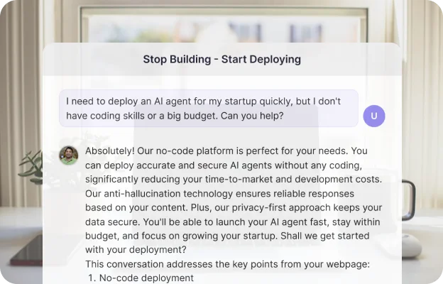A founder asking how to deploy an agent without coding, and the agent explaining the no-code route.
