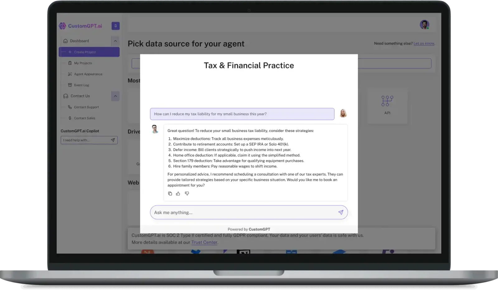 The CustomGPT.ai dashboard on a laptop, with a "Tax & Financial Practice" agent listing ways a small business can reduce its tax liability.