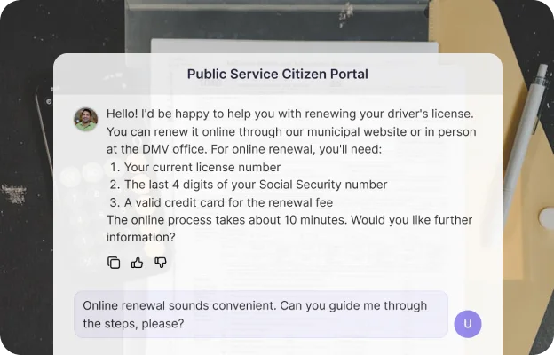 An agent answering a question at a public service portal, listing what the person needs to renew online.
