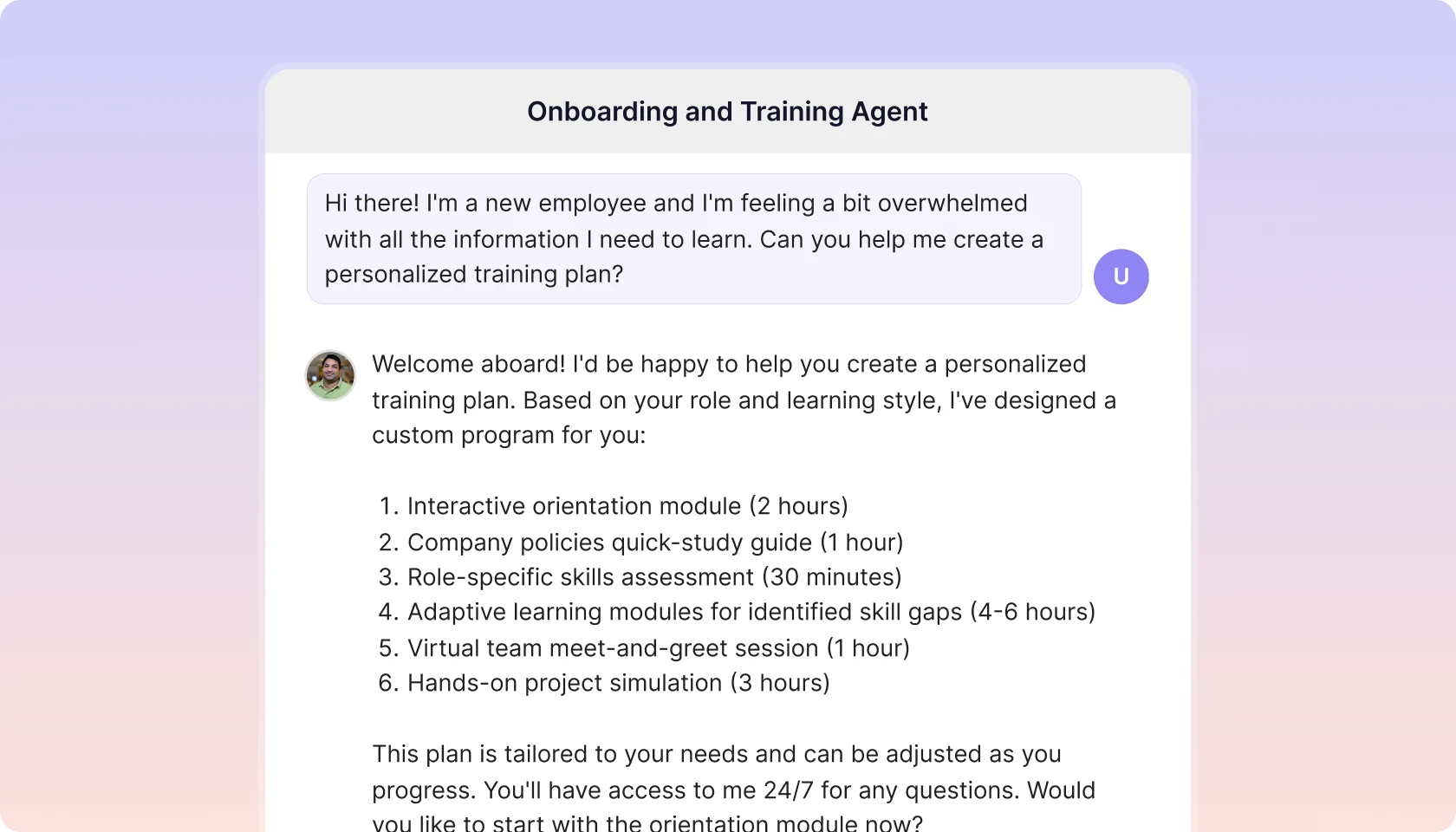 A CustomGPT.ai agent answering a new employee’s question with a personalized training plan