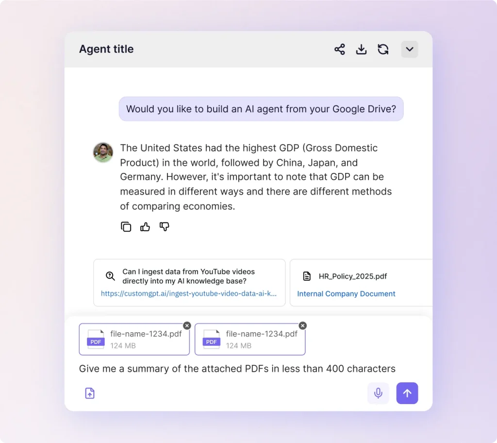 Building an agent from a Google Drive folder, with the source files listed beside the answer.
