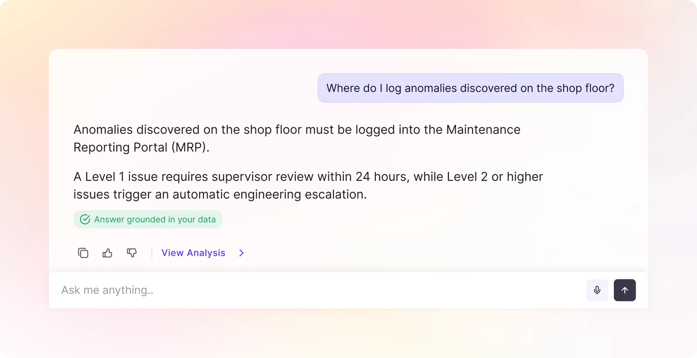 An agent answering a shop-floor reporting question, grounded in the company’s own procedure documents.