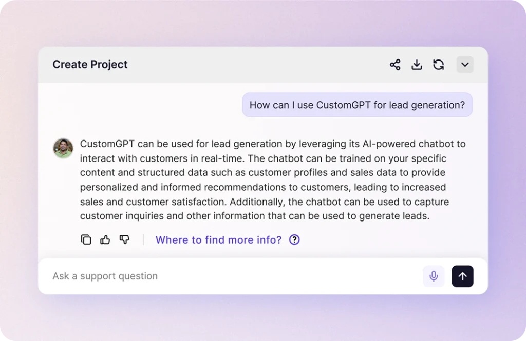 An agent answering how CustomGPT.ai can be used for lead generation, with a link to where the answer came from