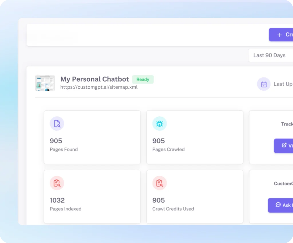 A CustomGPT.ai agent built from a website sitemap, with 905 pages found, crawled and indexed