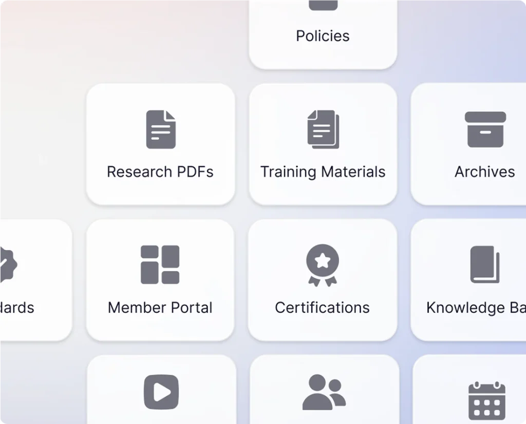 Research PDFs, training materials, archives and certifications feeding a member portal