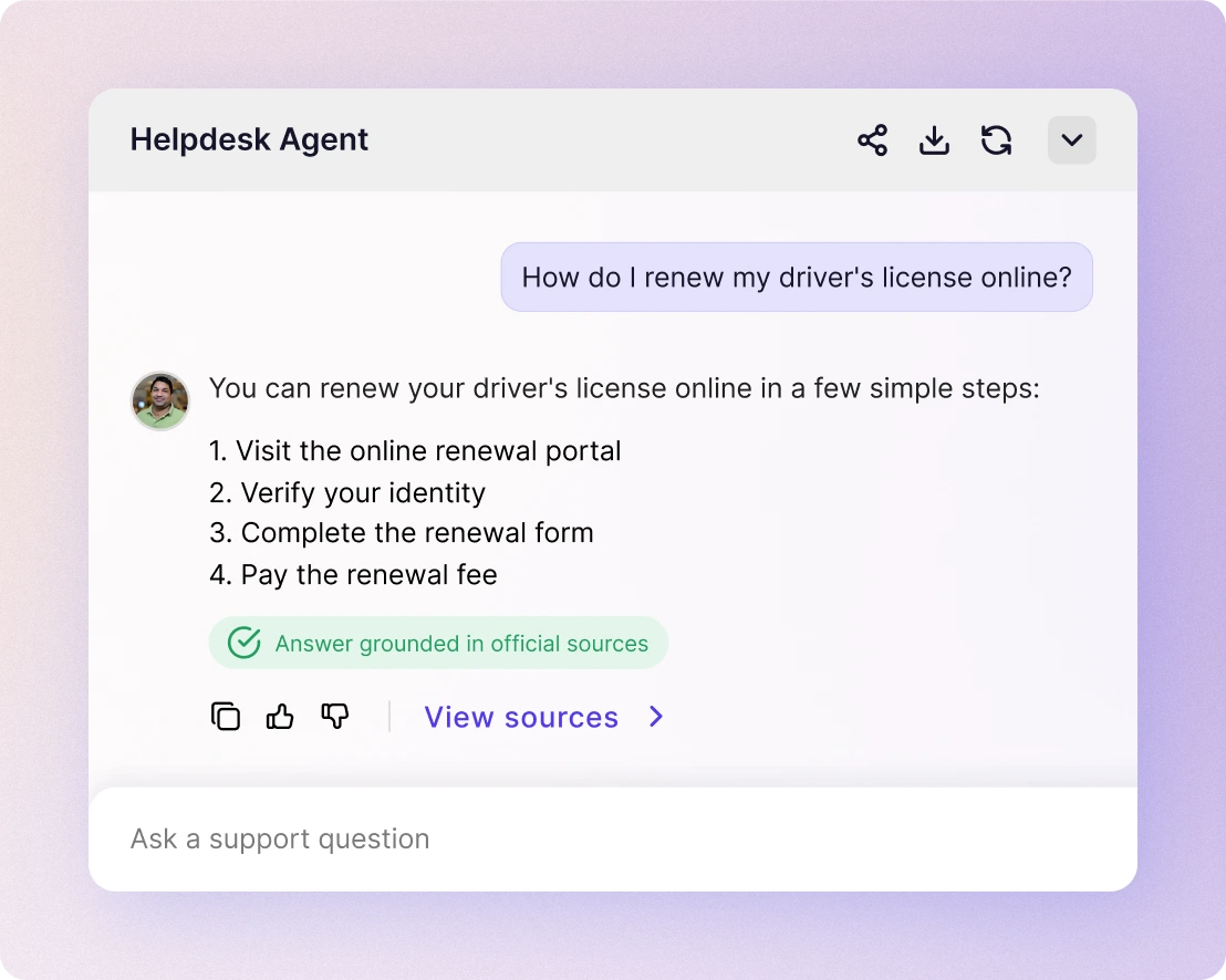 A helpdesk agent answering a licence renewal question with numbered steps and a link to its sources