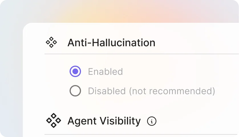 Agent settings with Anti-Hallucination enabled and Agent Visibility options.