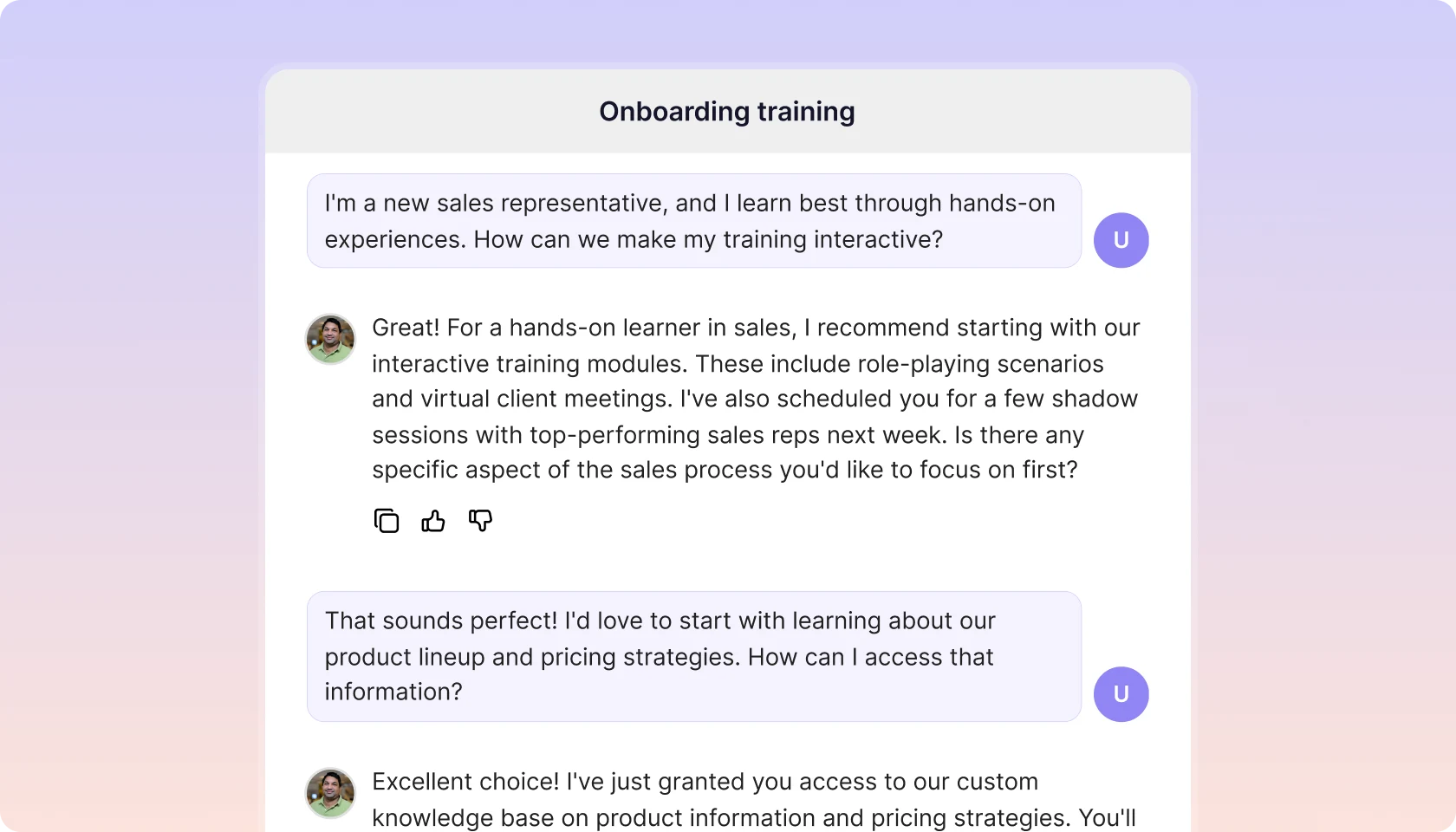 A CustomGPT.ai agent planning hands-on training for a new sales representative.