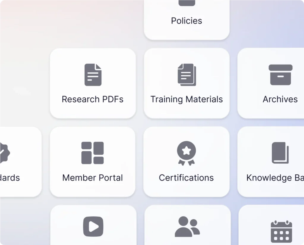 Cards for research PDFs, training materials, archives, member portal, certifications and knowledge base