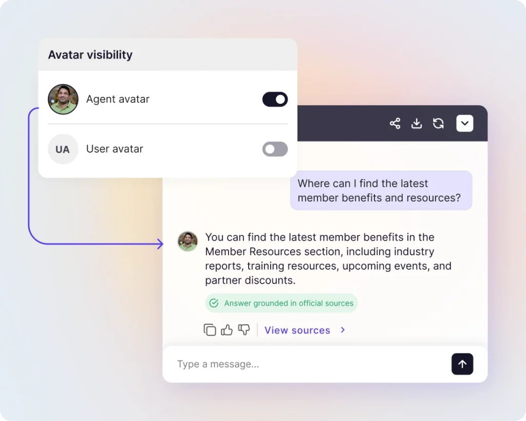 An “Avatar visibility” panel with the agent avatar switched on and the user avatar switched off