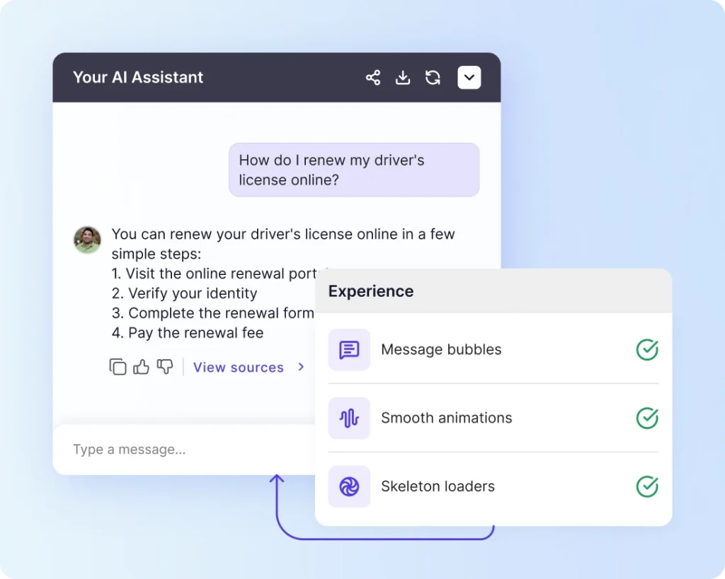 An “Experience” panel ticking message bubbles, smooth animations and skeleton loaders beside a chat answer
